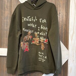 Reason graphic men’s hoodie olive green skeleton roses grateful XL NWT